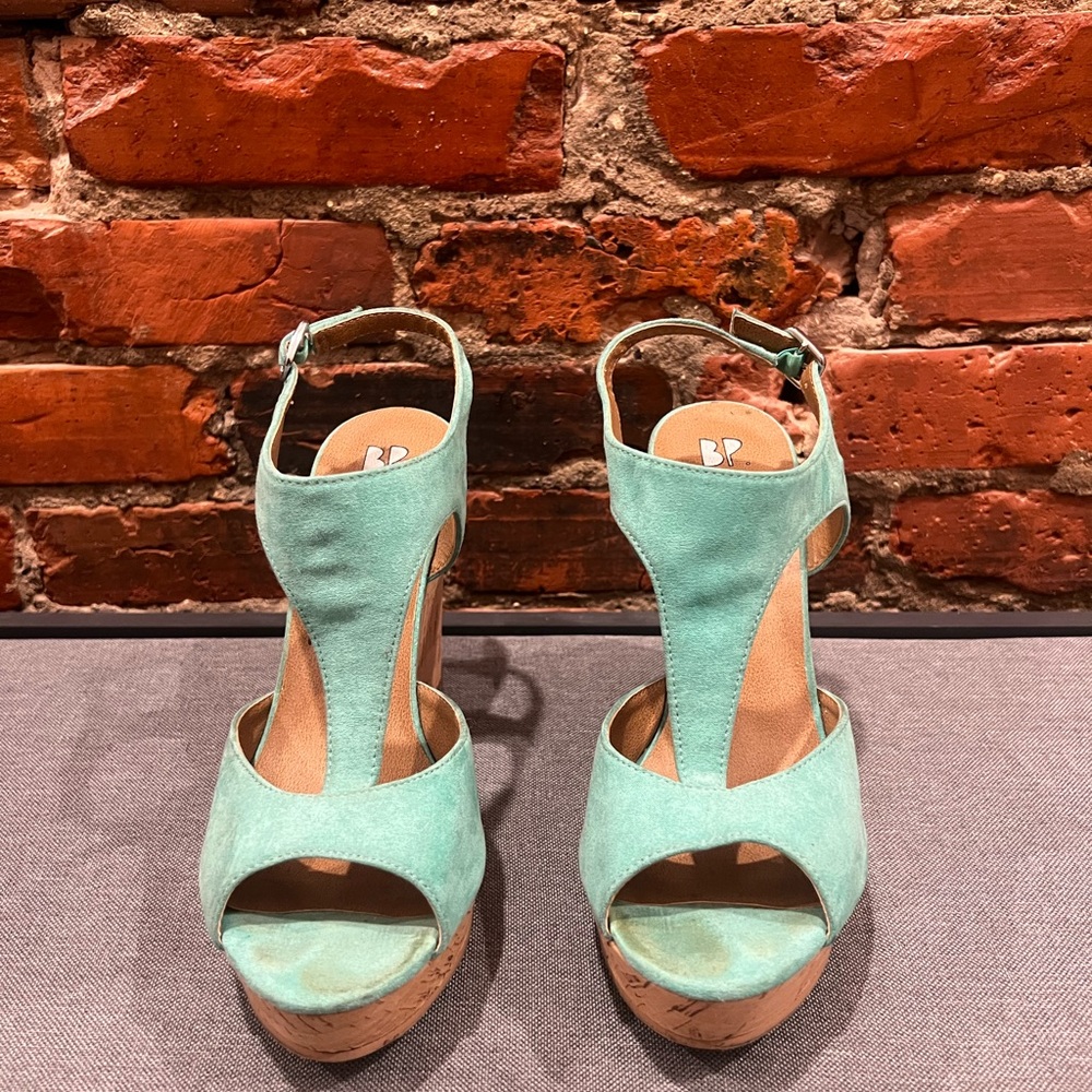 BP Green Platform Wedge Sandals with Ankle Strap